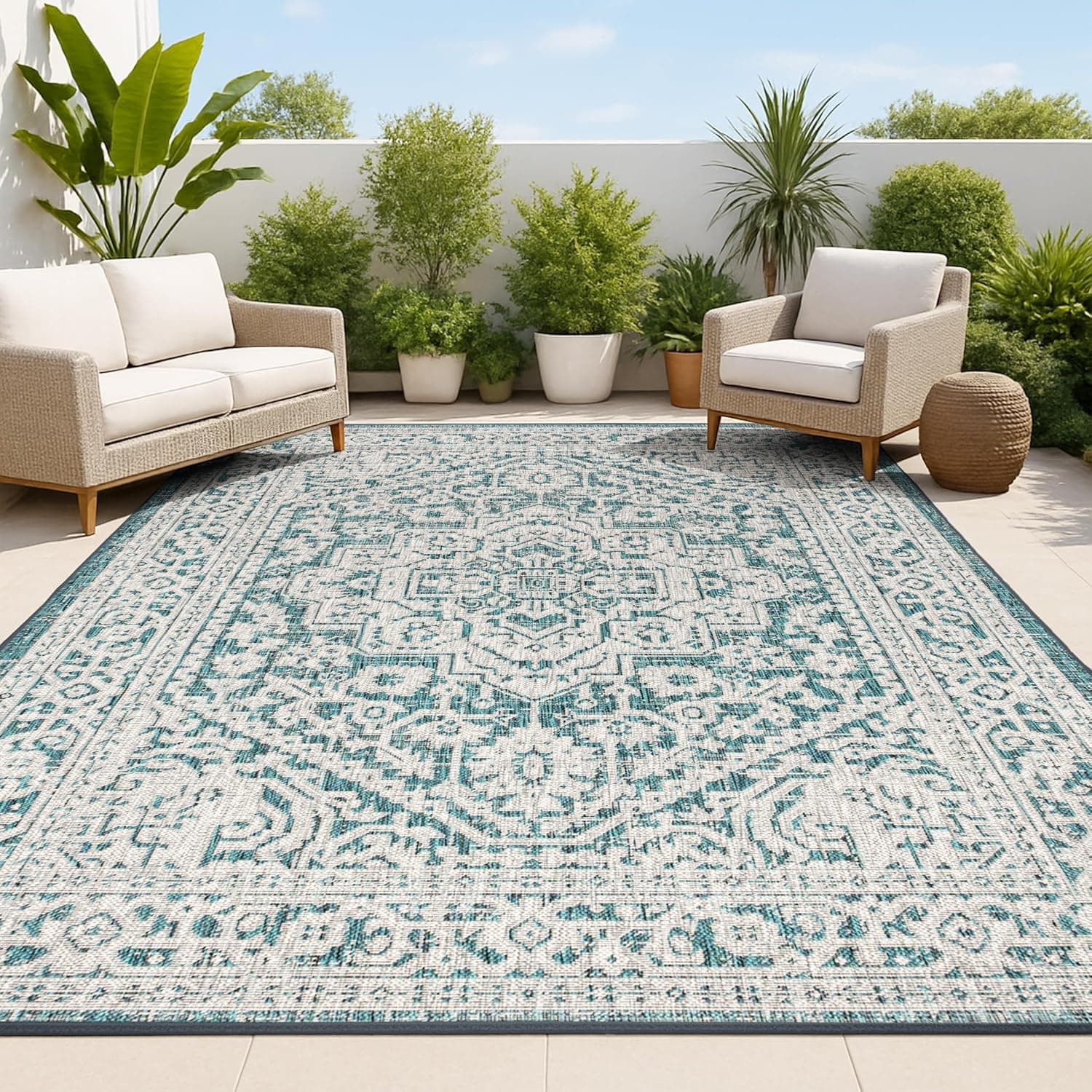 JONATHAN Y Medallion Weave Indoor Outdoor Area Rug 8X10 Teal Blue/Gray, Sinjuri Textured for Backyard, Patio, Porch, Eas