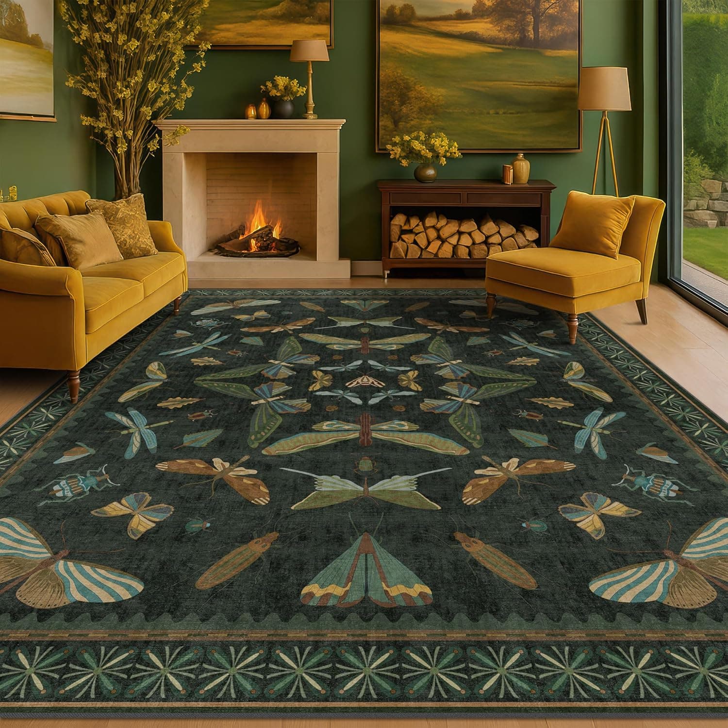 Hazo Haus Dark Green Insect Area Rugs 8x10 for Living Room, Dining Room Under Table, Bedroom, Unique Washable Floral Non