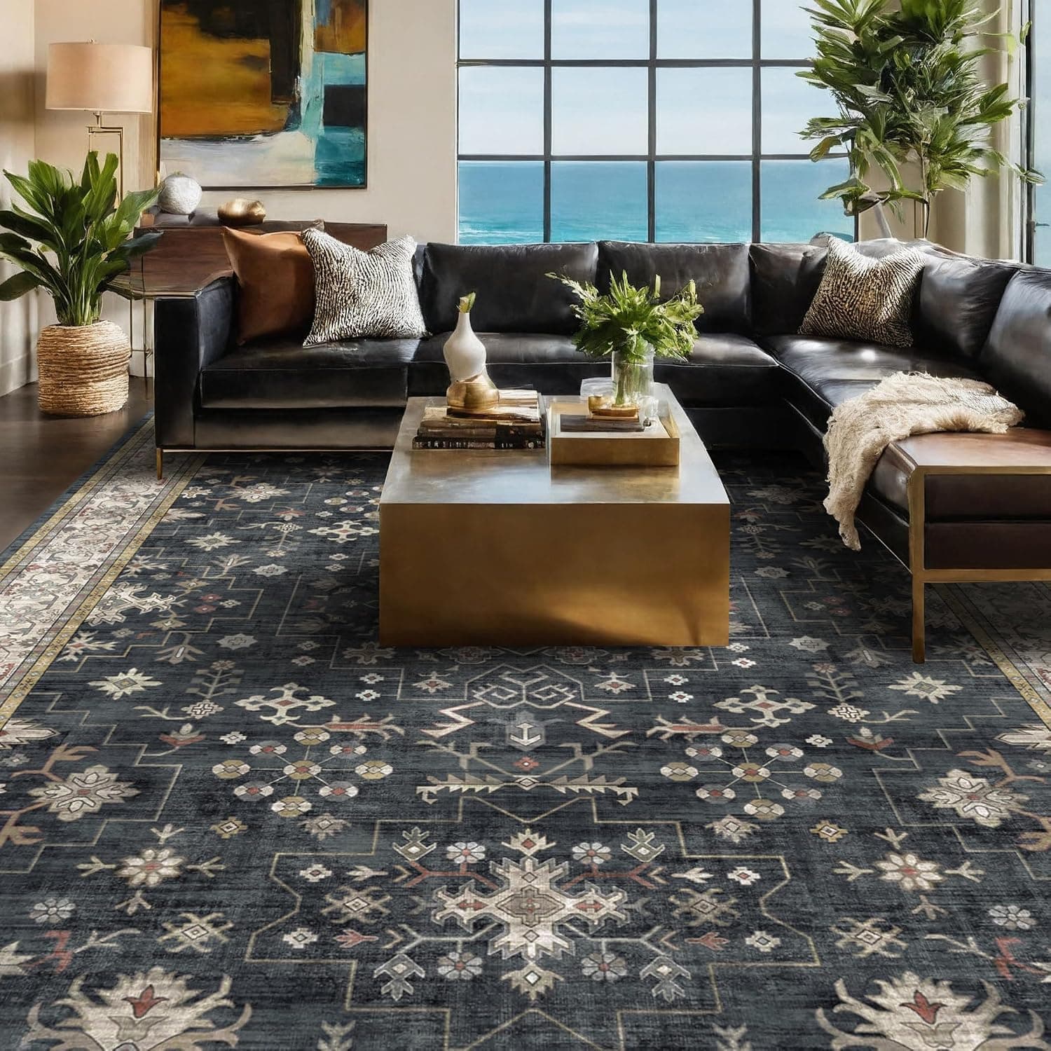 Black Farmhouse Washable 8x10 Area Rugs for Living Room, Bedroom, Dining Room Kitchen Table Rug for Under Table, Office,