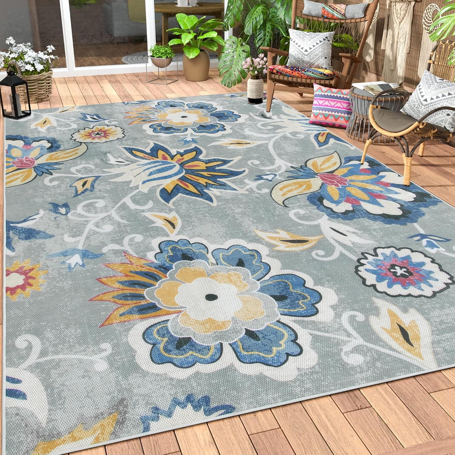 Lahome Floral Outdoor Rugs 6x9, Outdoor Patio Rugs for Balcony Deck