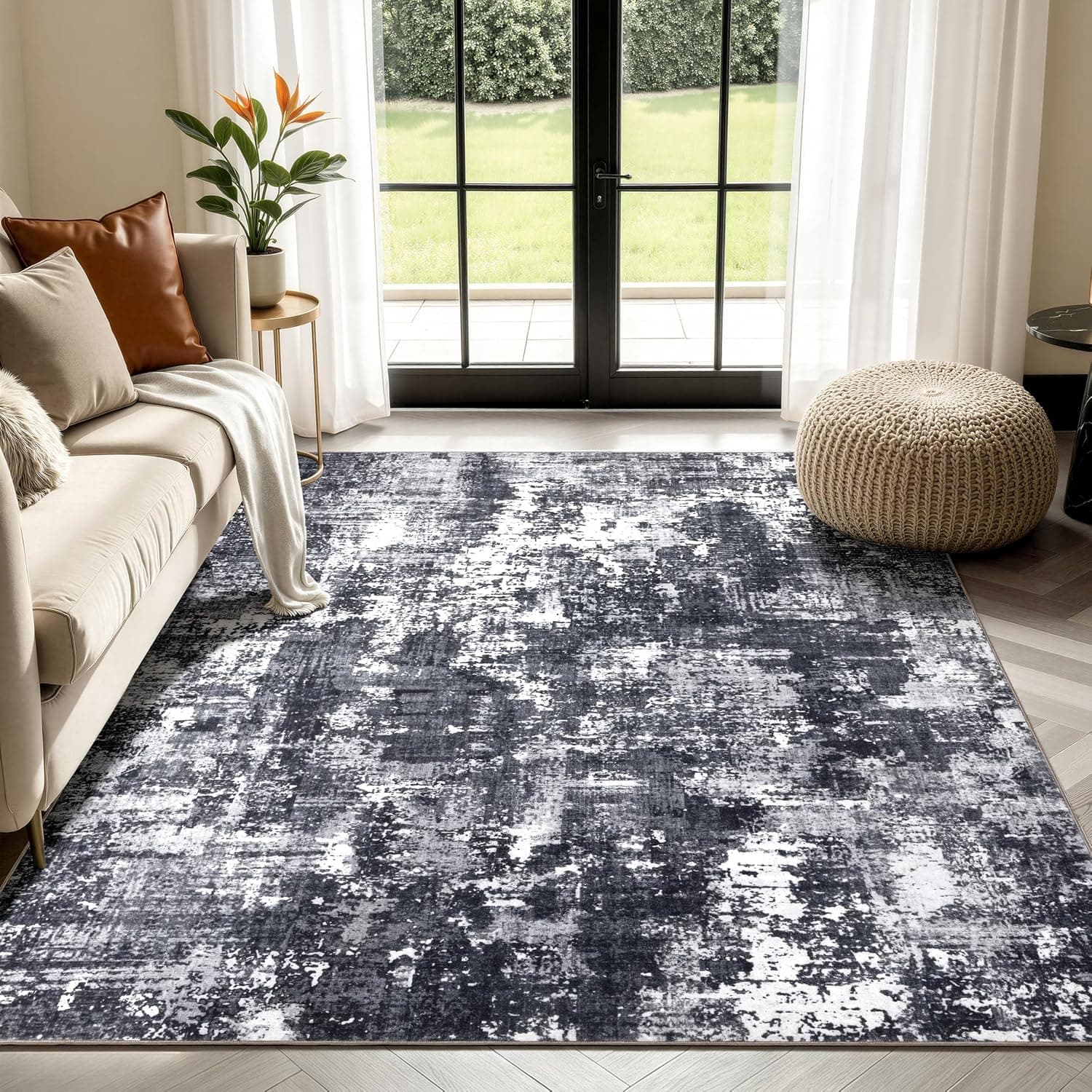 Sasttie 8x10 Washable Area Rug, Modern Abstract Large Carpet, Black & White