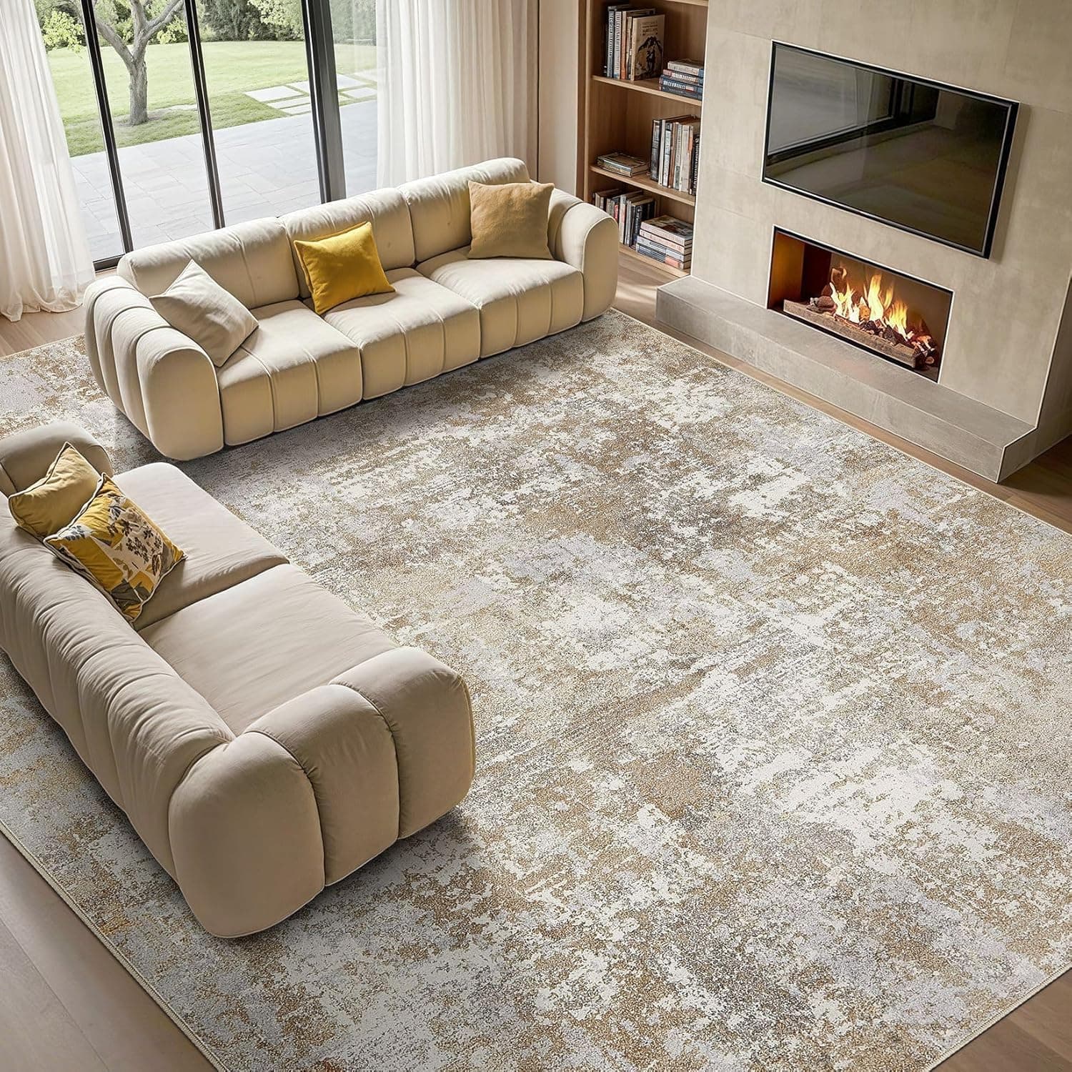 Tortania Washable 9x12 Area Rug for Living Room: Modern Abstract Neutral Large Soft Thin Rugs - Non Slip Indoor Carpet f