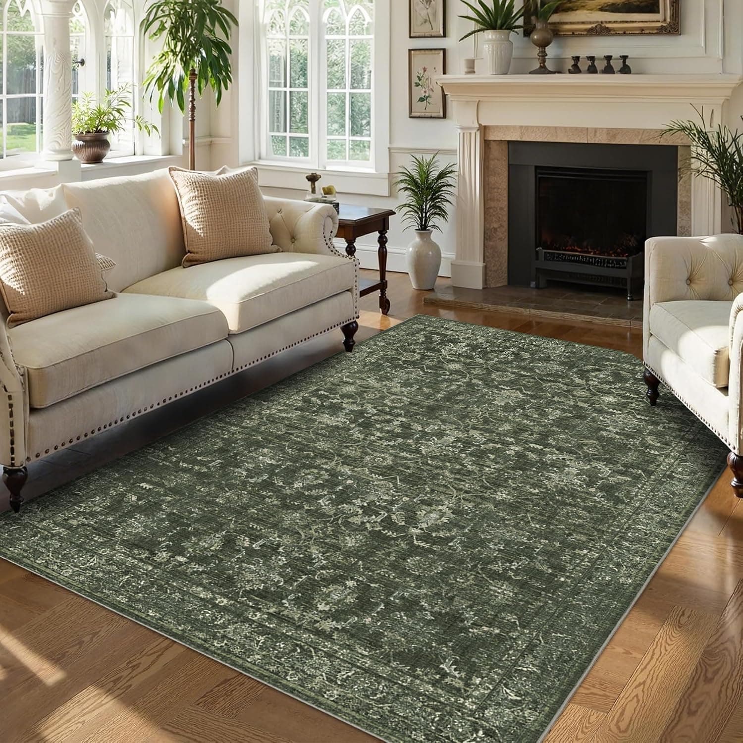 Washable Area Rug 5x7 Green Rugs for Living Room, Vintage Boho Large Rug for Bedroom Dining Room Office, Distressed Flor