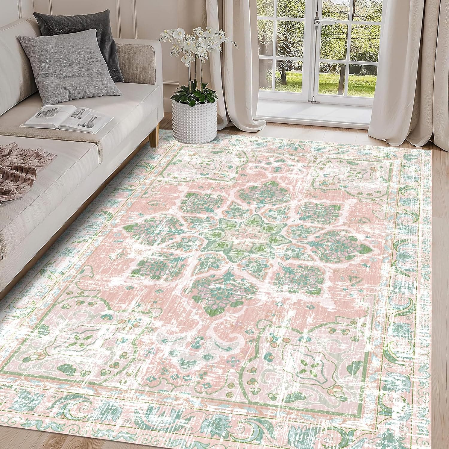Vhong Boho Area Rugs Vintage Washable Neutral Modern Dusty Pink and Green 5x7 Non Slip Carpet for Nursery Living Room Di