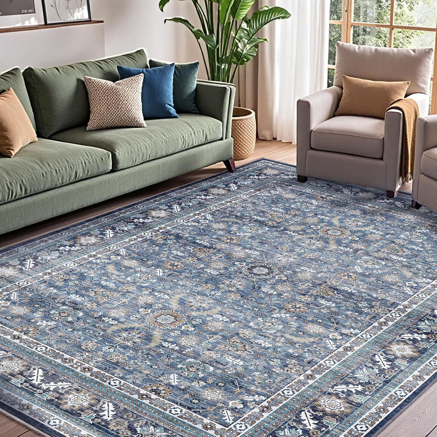 OPPODREAM Vintage Blue Area Rugs 5x7, Washable Rug for Living Room