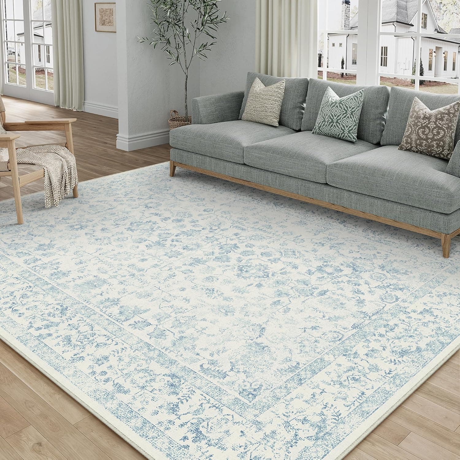 PureCozy 5x7 Blue Area Rug Washable Non Slip Vintage Living Room Carpet