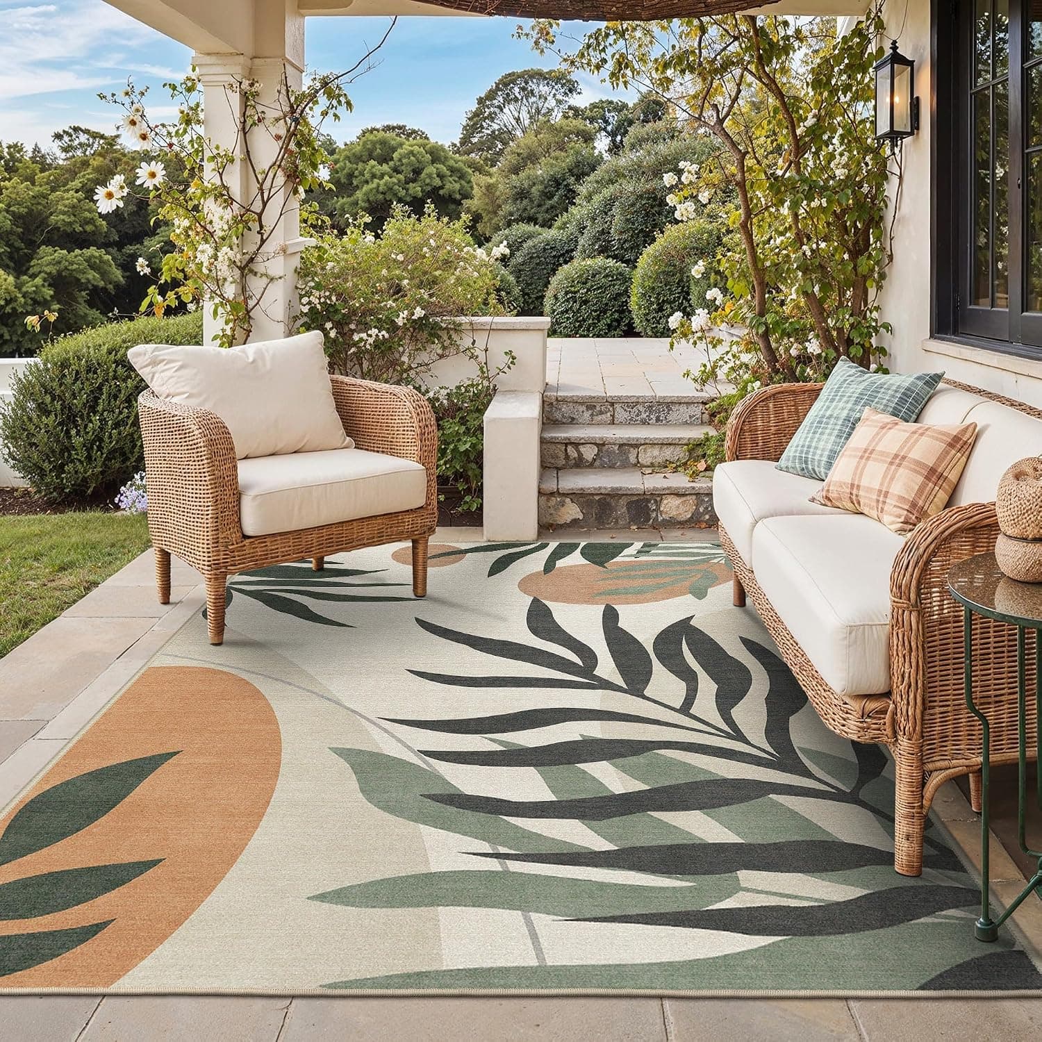 GENIMO 5x8 Outdoor Rug, Washable for Patio and Deck, Beige Olive