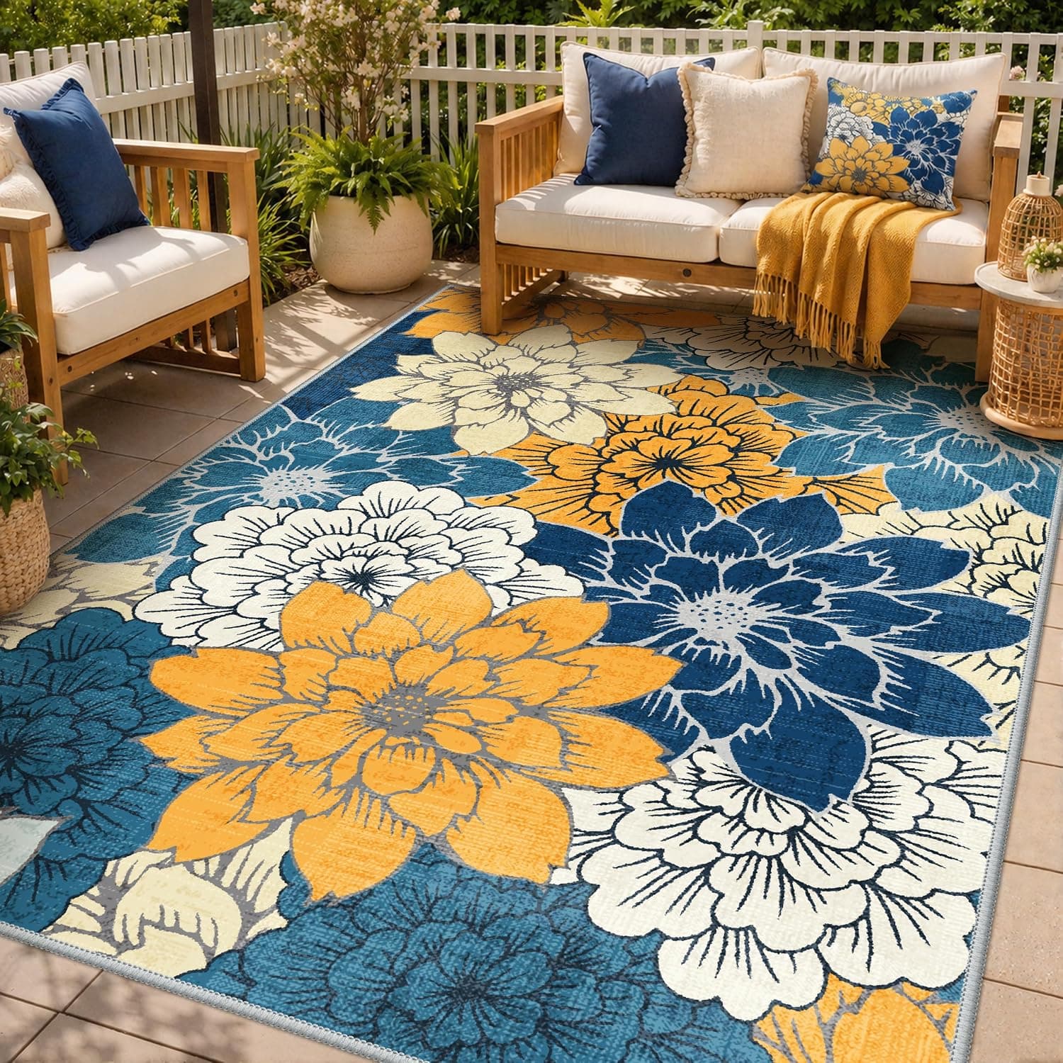 GENIMO 5x8 Outdoor Rug, Washable for Patio and Deck, Blue